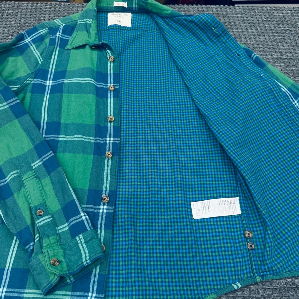 Abercrombie Fitch Musle Fit Lined Flannel Mens XXL Green Blue Plaid Shirt Jacket - Picture 6 of 8